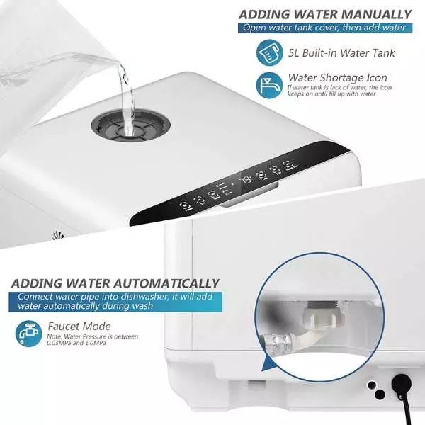 2 WATER SUPPLY MODES on COSTWAY Portable Countertop Dishwasher