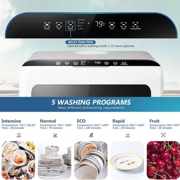 5 WASHING PROGRAMS on COSTWAY Portable Countertop Dishwasher