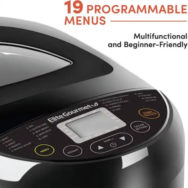 Elite Gourmet Programmable Bread Maker  has Includes 19-Programmed Preset Menu